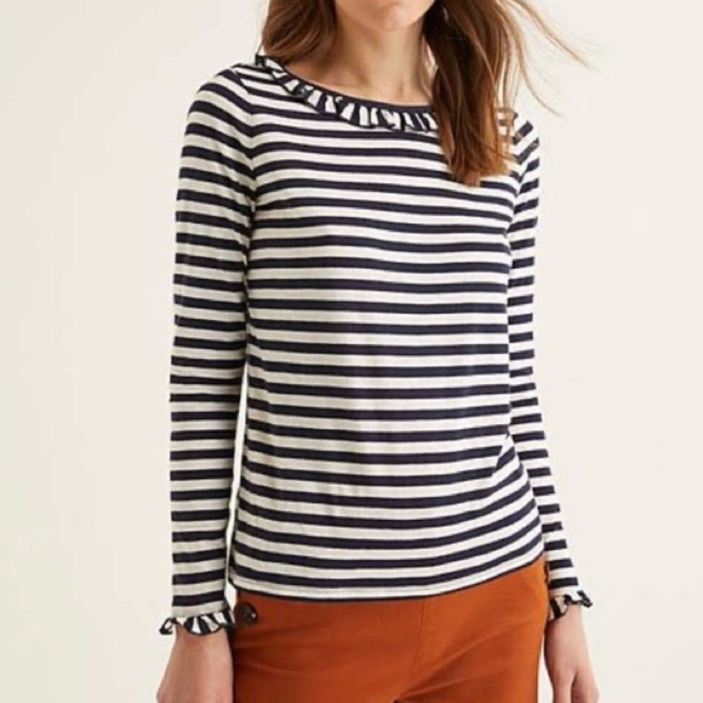 Boden Navy and White Striped Ruffle Top Large cotton